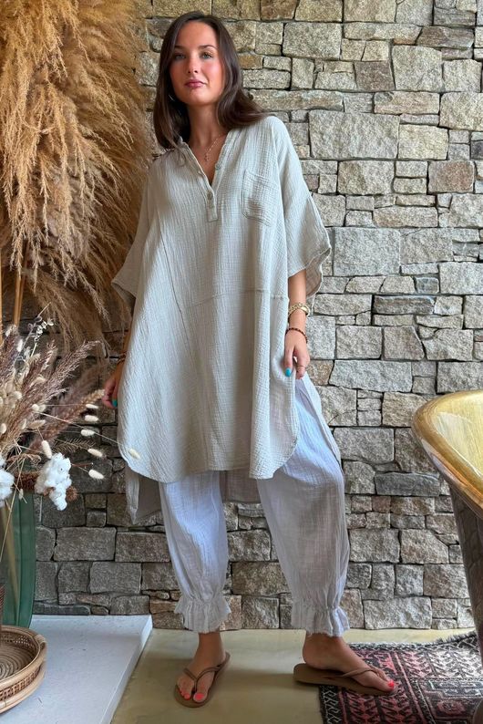 Tasha Cushion Cotton Oversized Shirt Tunic Stone
